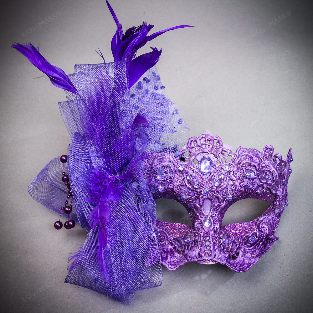Flower Feather Mask Venetian Mardi Gras Masquerade - Purple - Picture 1 of 5